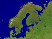Scandinavia Satellite + Borders 1600x1200